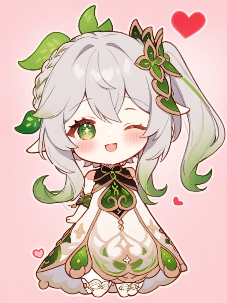 <lora:纳西妲:1>ï¼nahida_\(genshin_impact\), green_eyes, one_eye_closed, heart, hair_ornament, 1girl, smile, symbol-shaped_pupils, green_hair, side_ponytail, blush, bangs, chibi, pointy_ears, multicolored_hair, leaf_hair_ornament, grey_hair, solo, hair_between_eyes, white_hair, long_hair, white_dress, ;\), closed_mouth, braid, cross-shaped_pupils, looking_at_viewer