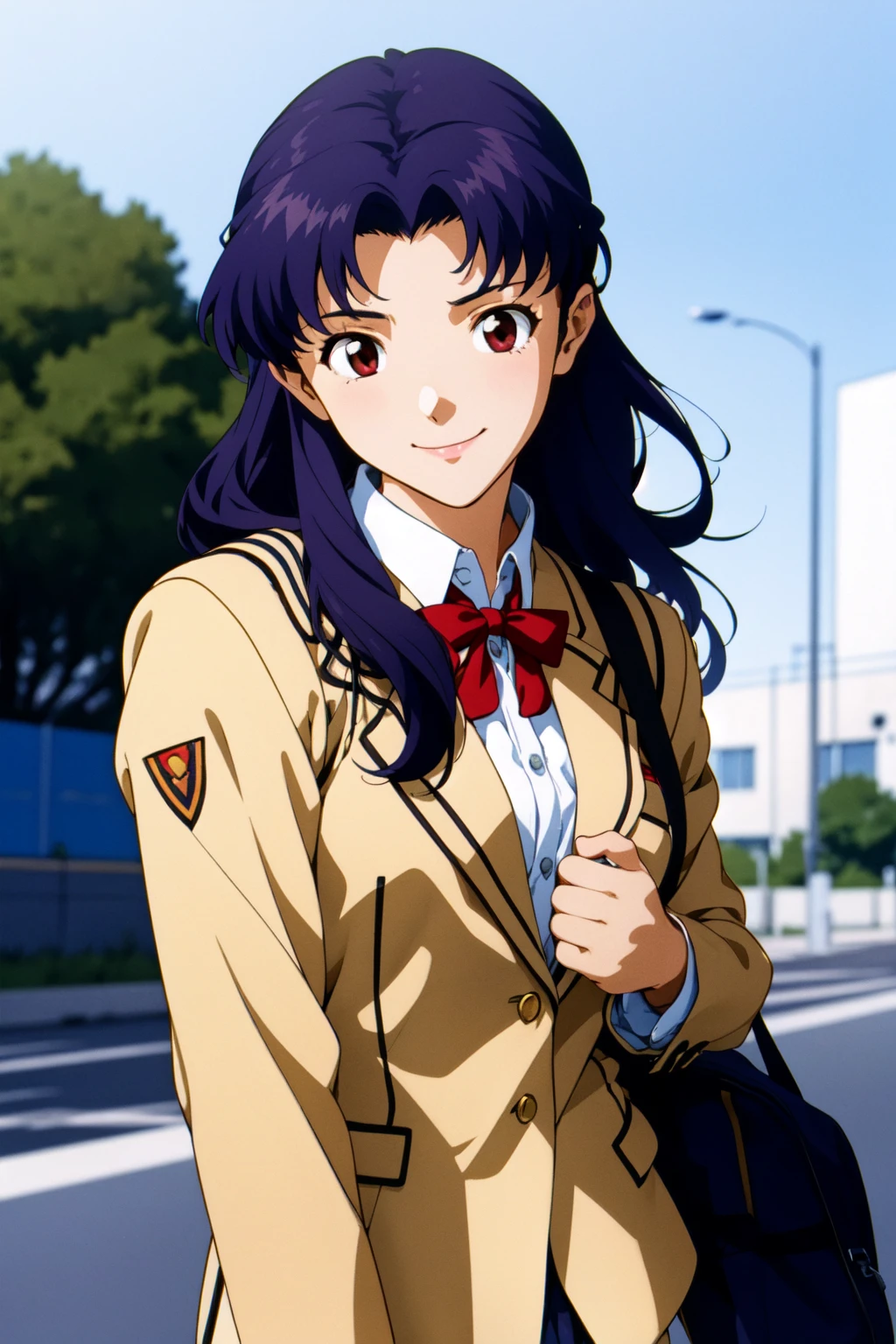 (RAW photo, best quality), 1girl,  natural lighting, solo, light smile, 
katsuragi misato,  <lora:eva_katsuragi_misato_v1_2:1>,
high school girl, school uniform, school bag, blazer, ribbon, outdoor,