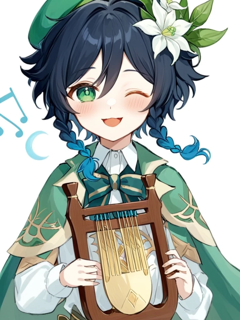 <lora:æ¸©è¿ª:1>ï¼venti_\(genshin_impact\), 1boy, male_focus, solo, one_eye_closed, hat, flower, lyre, braid, green_headwear, white_flower, black_hair, gradient_hair, simple_background, cape, holding, white_background, twin_braids, multicolored_hair, open_mouth, instrument, long_sleeves, blue_hair, beret, bow, smile, holding_instrument, bangs, looking_at_viewer, collared_cape, blush, green_eyes, hat_flower, short_hair_with_long_locks, hair_ornament, white_shirt