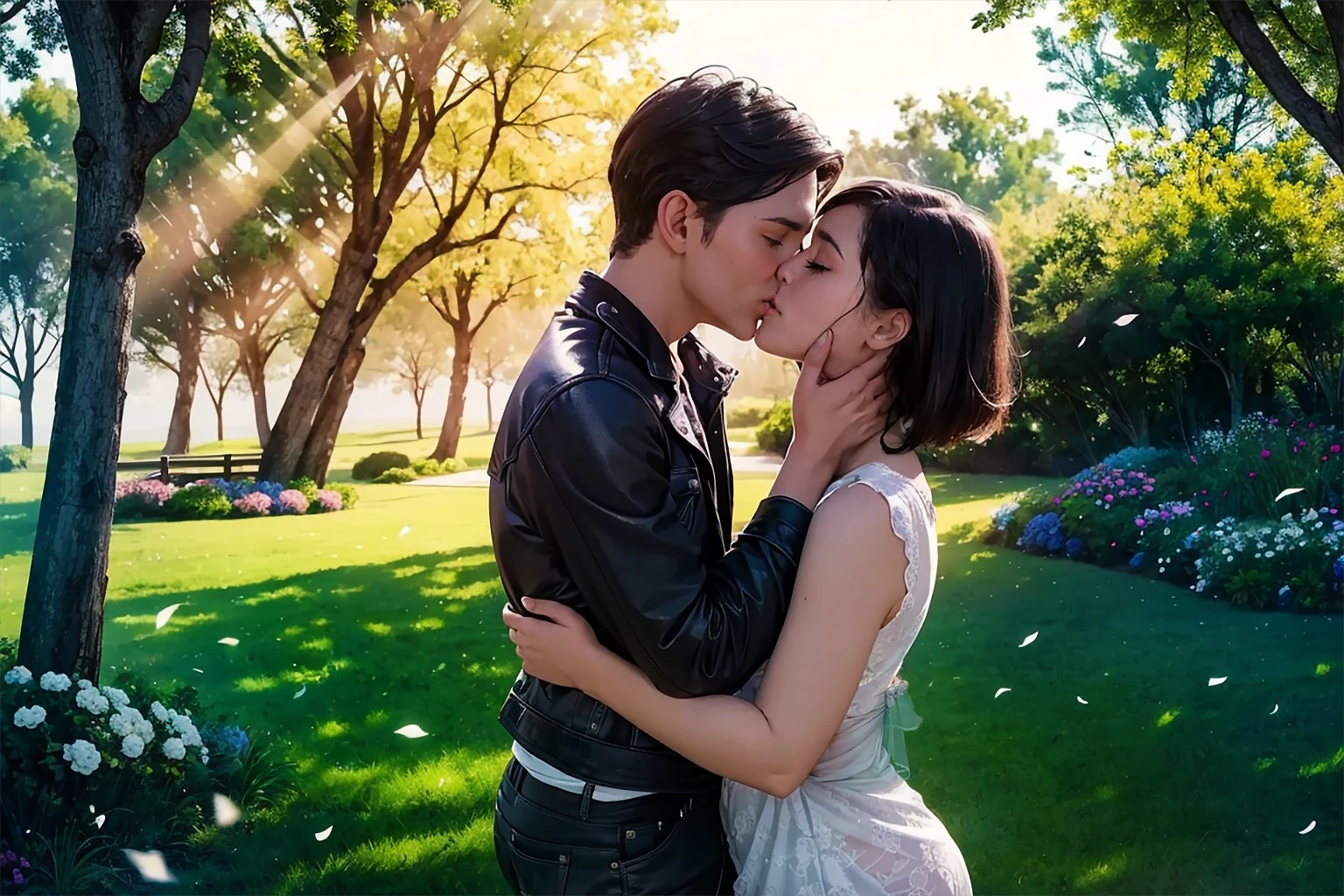 masterpiece, best quality, (extremely detailed, 8k, ultra highres), cinematic shot, beautiful lighting, still, vibrant, cinematic color filter, aesthetically pleasing, extremely beautiful and delicate, (cowboy shot, medium shot), 1man, 1woman, passionate hot kiss, two lovers kissing each other intimately, in a beautiful lush garden with dew-kissed petals, detailed garden and detailed background, lake at background, intricate details, depth of field, daytime, (hyper-detailed), beautiful sunrays, volumetric fx, spring time weather, blissful, heart-touching, soulful, romantic vibes, <lora:kisslora:0.800000>