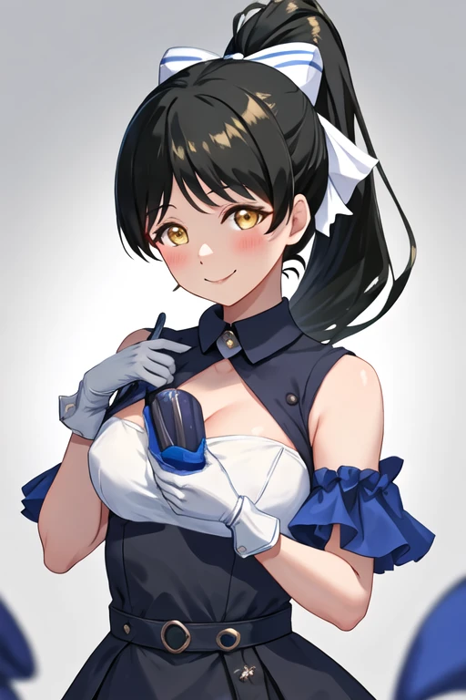 best quality, masterpiece, highres, solo, {hazuki_ren_lovelivesuperstar:1.15}, long_hair, bangs, yellow_eyes, black_hair, ponytail, high_ponytail, smile, blush, shiny_hair, birthday, ribbon, bow, breasts, hair_bow, 1girl, gloves, looking_at_viewer, upper_body, white_gloves, shiny, dress, sleeveless, medium_breasts, white_dress