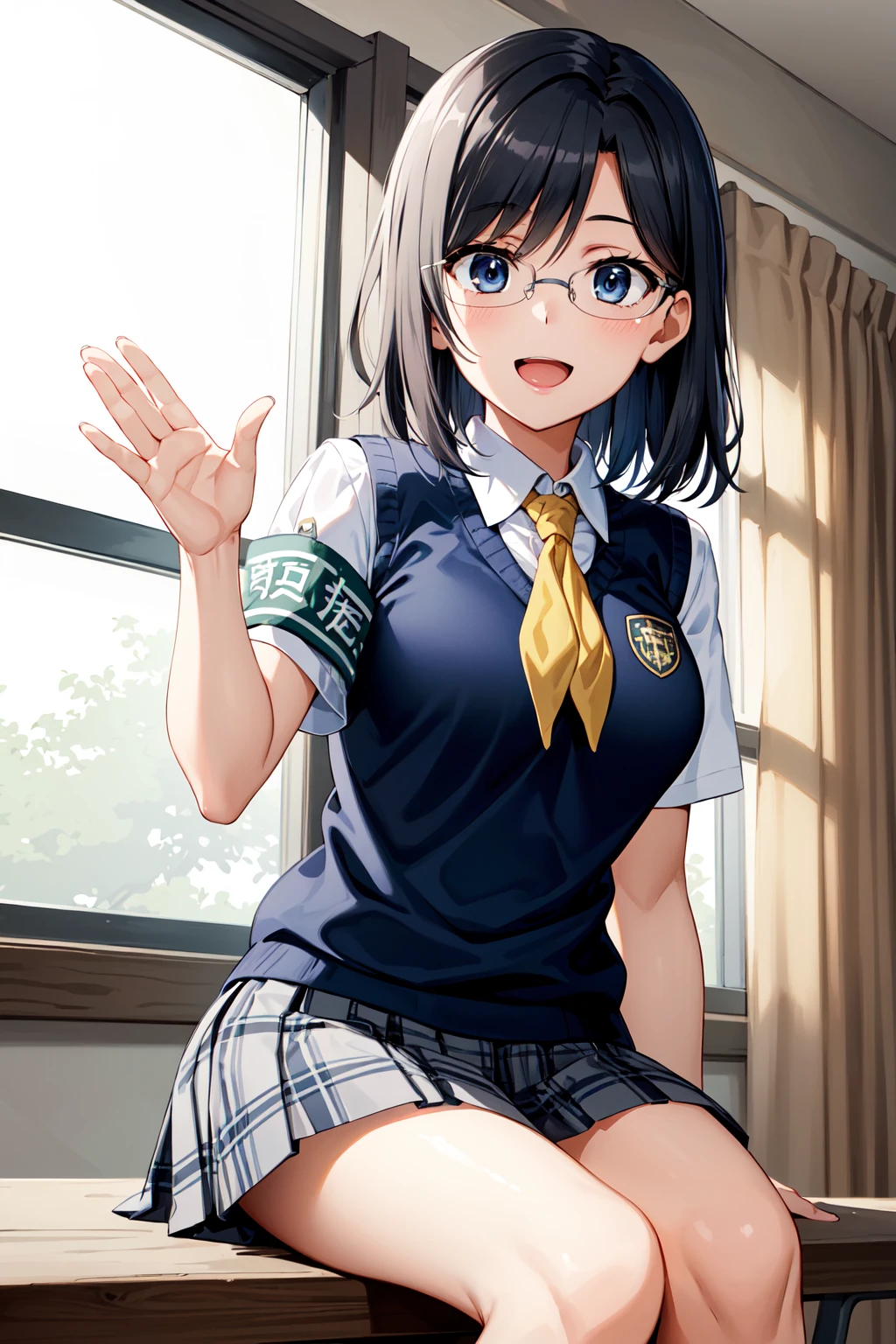 One girl,18-year-old,Excellent anatomy, masterpiece, Highest quality,Realistic, hyperRealistic, 16k hdr,, disease, short hair, Black Hair, blue eyes, Glasses, , Yellow neckerchief, Collared shirt, Sweater vest, (Blue Vest:1.2), Short sleeve,Armband, Checked skirt, Grey Skirt, Are standing, Leaning forward, Outdoor, From below,Spread your legs,Micro Panties,String,Are standing,Camel Toe,(Sweat:1.2),blush,Sexy pose