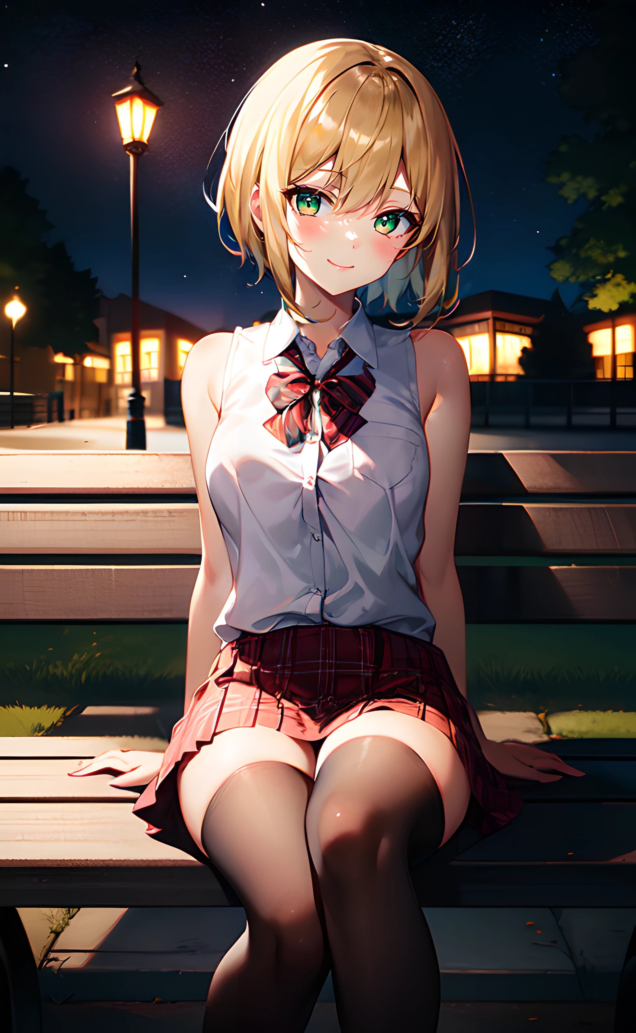 1girl, sitting, short hair, blonde hair, green eyes, school uniform, white shirt, collared shirt, sleeveless shirt, red skirt, miniskirt, plaid skirt, black thighhighs, bare shoulders, bare arms, closed mouth, smile, outdoors, park, bench, sitting on bench, lamppost, night, night sky