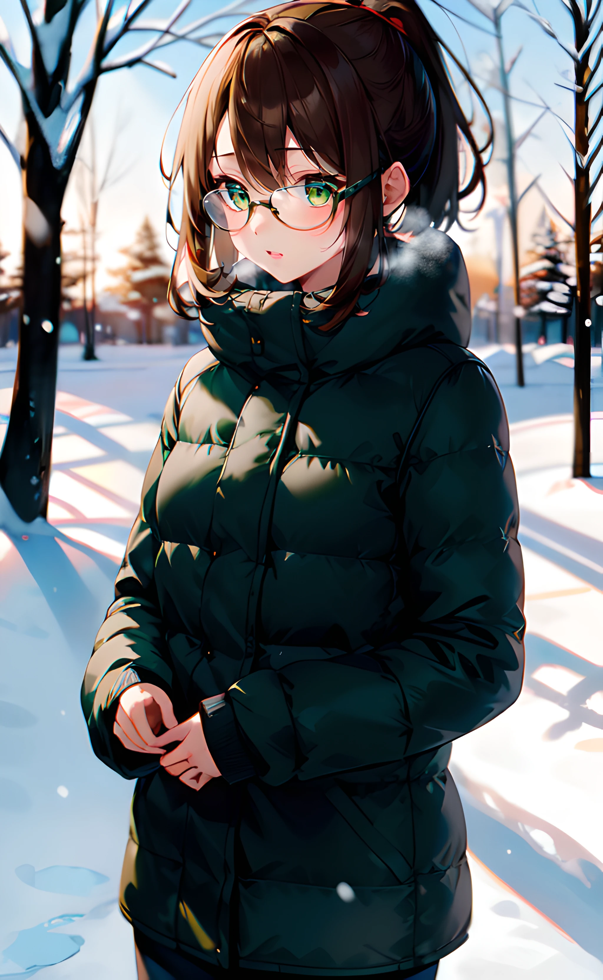 1girl, cowboy shot, standing, short hair, brown hair, green eyes, ponytail, black glasses, winter clothes, long sleeves, shy, outdoors, winter, snow, day, sunlight