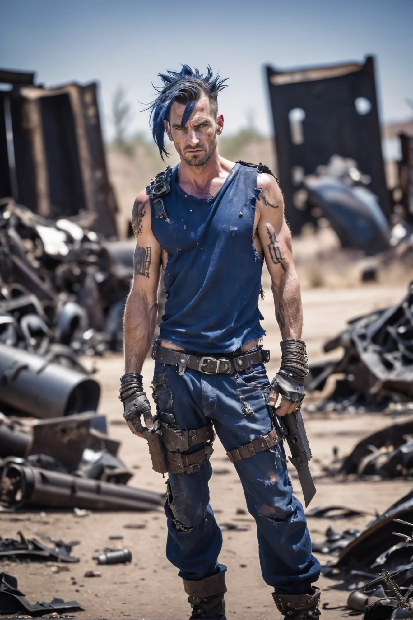 photograph, cinematic color grading, post apocalyptic, scrap metal, tattered clothes, man, rugged, solo, indigo hair, Slicked Back, forgemaster, American, noon, scenery, "at the Motion blur Mysterious Apocalypse"<lora:EnvyWastelandWarriorXL01:0.85>