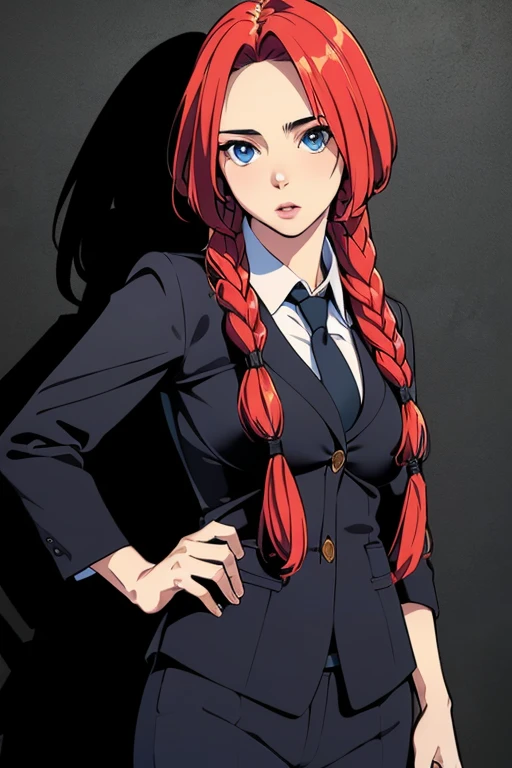 ((extremely realistic shading, masterpiece, extremely detailed, photorealistic)),<lora:hong_meiling-08:0.9>,Red hair,twin braids,blue eyes,suit,