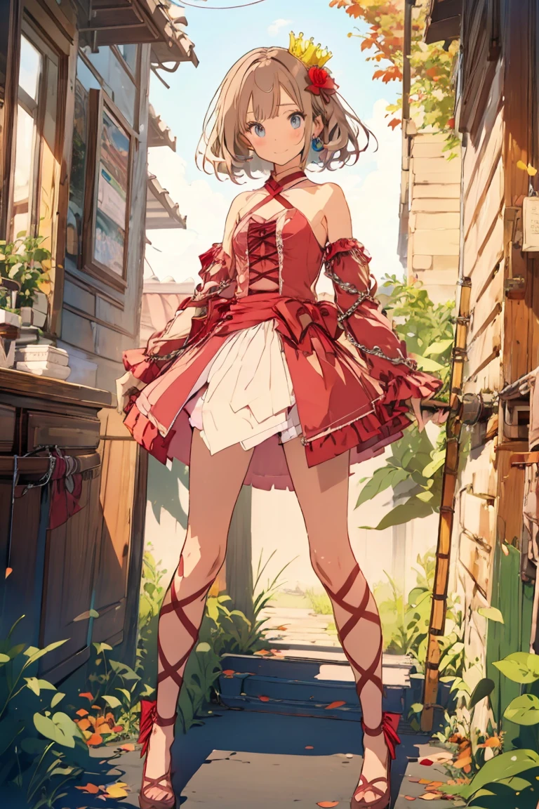 1girl,solo,chain,bow tie,crown,flower,detached sleeves,red dress,puttee,dance shoes,<lora:RomeoAndCinderella:0.8>,RAC,cowboy_shot,smile,(autumn maple forest:1.3),(very few fallen leaves),(path),grove,maple leaf,, masterpiece,best quality,highres,ultra high res,(abstract art:1.2),2d,(highlydetailed),(colorful),(intenseexpression),(fashionable),