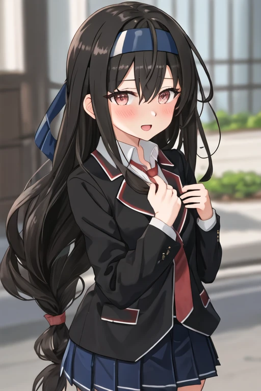 best quality, masterpiece, highres, solo, {hatsushimo_kantaicollection:1.15}, black_hair, long_hair, headband, red_eyes, blush, blazer, blue_headband, hair_between_eyes, low-tied_long_hair, brown_eyes, 1girl, jacket, looking_at_viewer, school_uniform, open_mouth