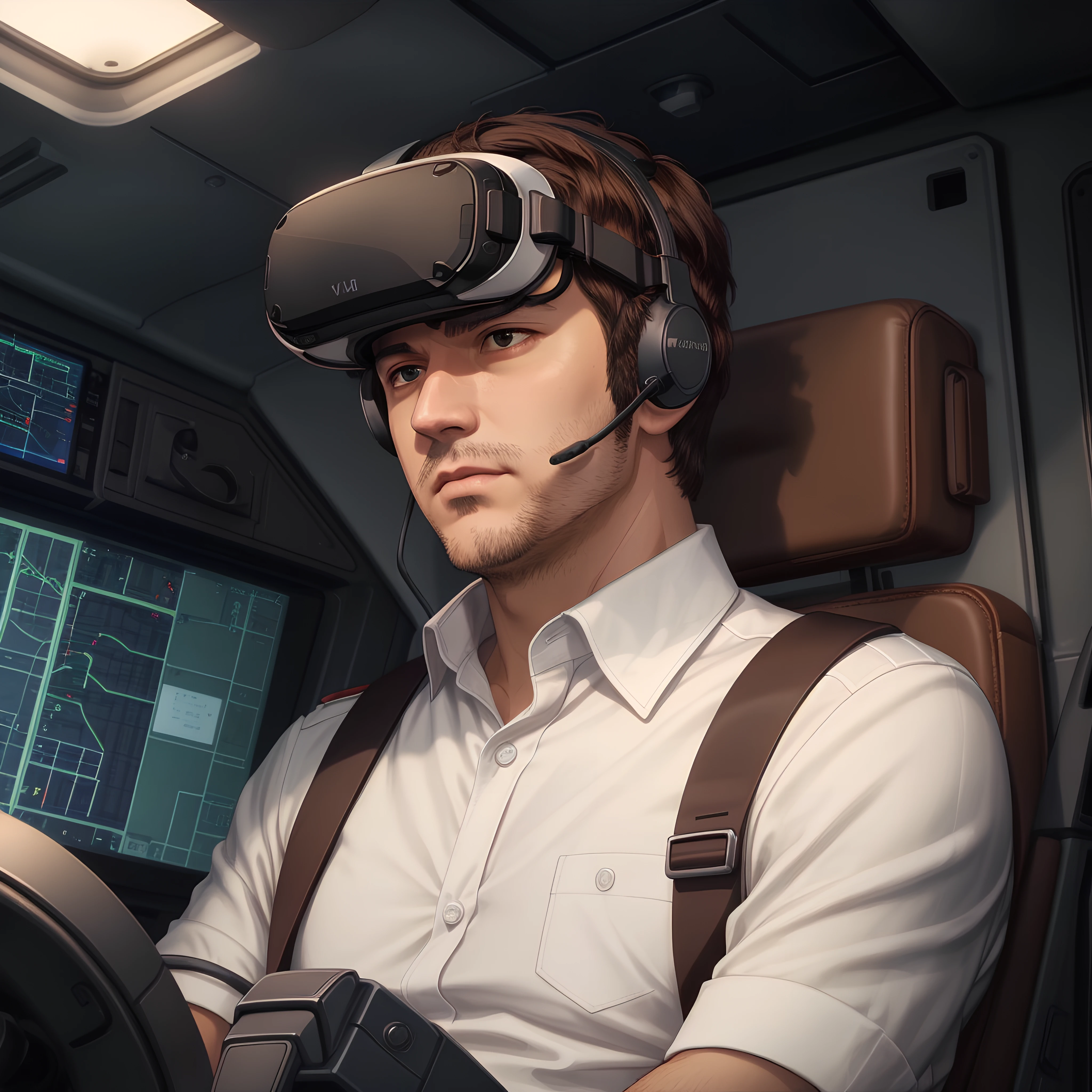 photorealistic, cinematic, <lora:more_details:0.5>, <lora:gundam personnel:0.4>, middle aged man, short brown hair, stubble, engineer, white shirt, rolled up sleeves, wearing vr headset, cockpit view