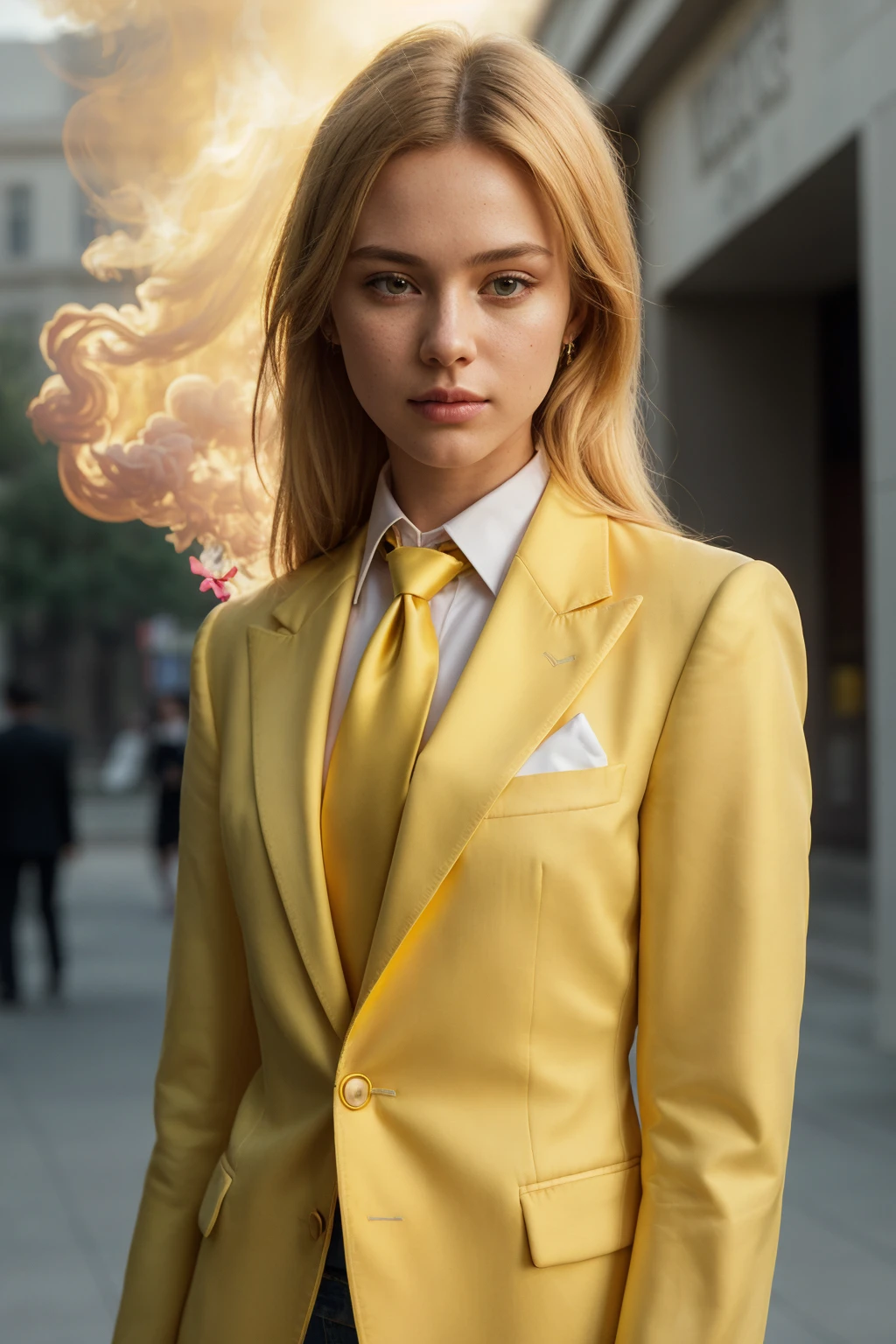 (CINEMATIC SHOT:1.4)(Crowded College Campus:1.4) ((CLOSE-UP SHOT, ZOOM ON FACE:1.3)) (The 21 year old College Girl:1.4) TrualityCampus_Heather (Blonde Long Hair.1.3) (tucked White Formal Shirt 1.3)(Yellow Blazer:1.4)(Necktie:1.5)(Jeans:1.4)((Photo Focus, DOF, Aperture, insanely detailed and intricate, character, hypermaximalist, elegant, ornate, beautiful, exotic, revealing, appealing, attractive, amative, hyper realistic, super detailed, heresy flares))(volumetric yellow smoke:1.3) (standing in front of a college entrance)