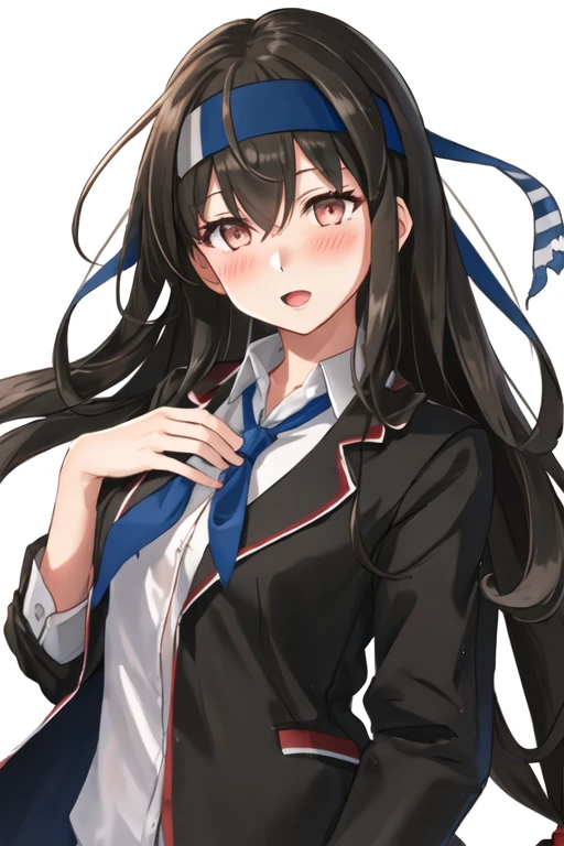 best quality, masterpiece, highres, solo, {hatsushimo_kantaicollection:1.15}, black_hair, long_hair, headband, red_eyes, blush, blazer, blue_headband, hair_between_eyes, low-tied_long_hair, brown_eyes, 1girl, jacket, looking_at_viewer, school_uniform, shirt, simple_background, upper_body, white_background, white_shirt, open_mouth, black_jacket, collared_shirt