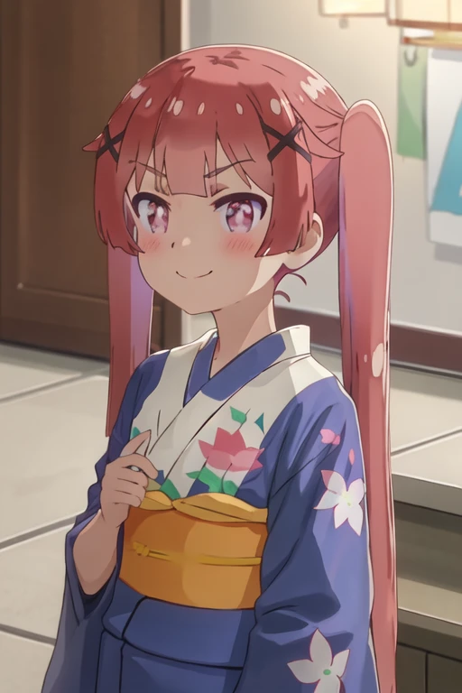 best quality, masterpiece, highres, solo, {koyori_tanemura_watashinitenshigamaiorita:1.15}, bangs, blush, long_hair, hair_ornament, x_hair_ornament, twintails, purple_eyes, red_hair, closed_mouth, smile, brown_hair, indoors, very_long_hair, 1girl, blue_kimono, japanese_clothes, kimono, upper_body, yukata, floral_print, looking_at_viewer, print_kimono, blurry, blurry_background, v-shaped_eyebrows, depth_of_field, night, sidelocks