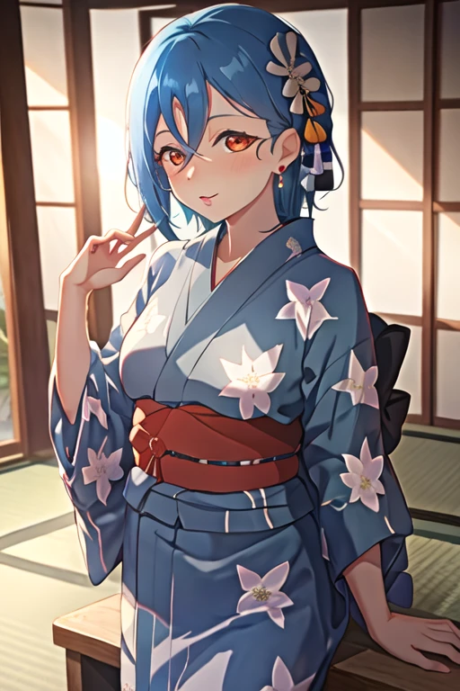 best quality, masterpiece, highres, solo, {yukata:1.40}, {kimono:1.20}, {wakana_shiki_lovelivesuperstar:1.15}, blue_hair, short_hair, bangs, hair_between_eyes, blush, jewelry, earrings, ribbon, red_ribbon, neck_ribbon, breasts