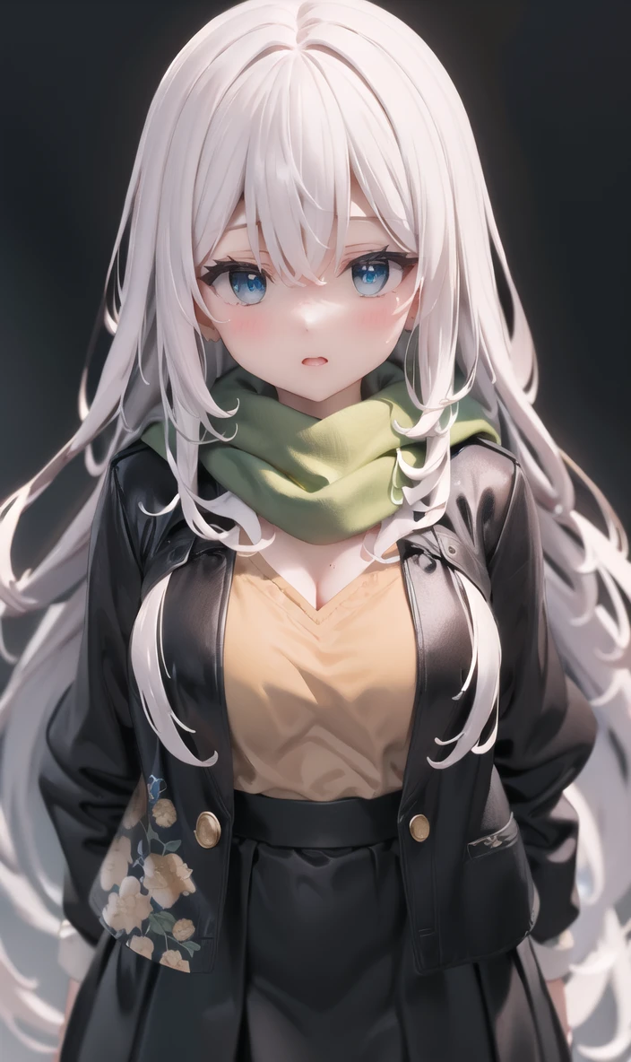 finely detail, Depth of field,best quality, illustration,highres,intricate detail, an extremely delicate and beautiful,
1girl,solo,
,long hair, white hair,disheveled hair,blue eyes, breasts,
(black jacket:1.05),open jacket,
black sleeves,shirt, (yellow shirt:1.2),black skirt,
green scarf,
 <lora:touhouIdeal_Realm_nameless_koishi-_ä¸»è§æ_ä¸æ¹çæ³ä¹¡:1.1>