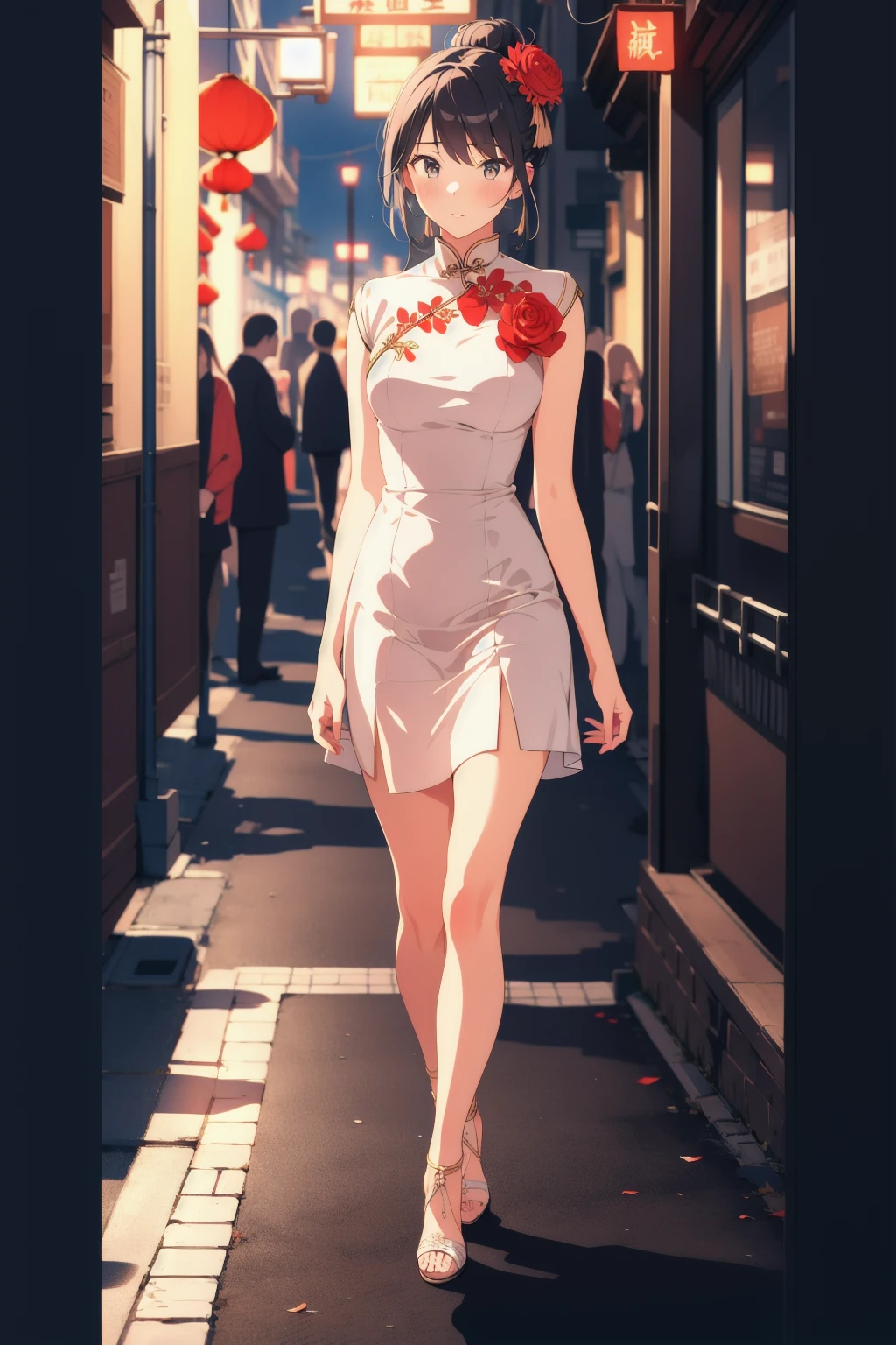 1girl, white dress red flower drawing, hair bun, looking to side, gradient eyes, night city, chinese night street, walking down the street,
BREAK
red | white, detailed, ultra detailed, best quality, detailed background, {{masterpiece}}, {{an extremely detailed and delicate}}, {8k cg wallpaper}, {stunning art}, {{illustration}}, (((absurdres))), {amazing}, beautiful detailed hair, (beautiful shadow), (realistic shadow), (beautiful light), (vibrant:1.2), (saturated:1.1), (front view:1),(full body view:1),