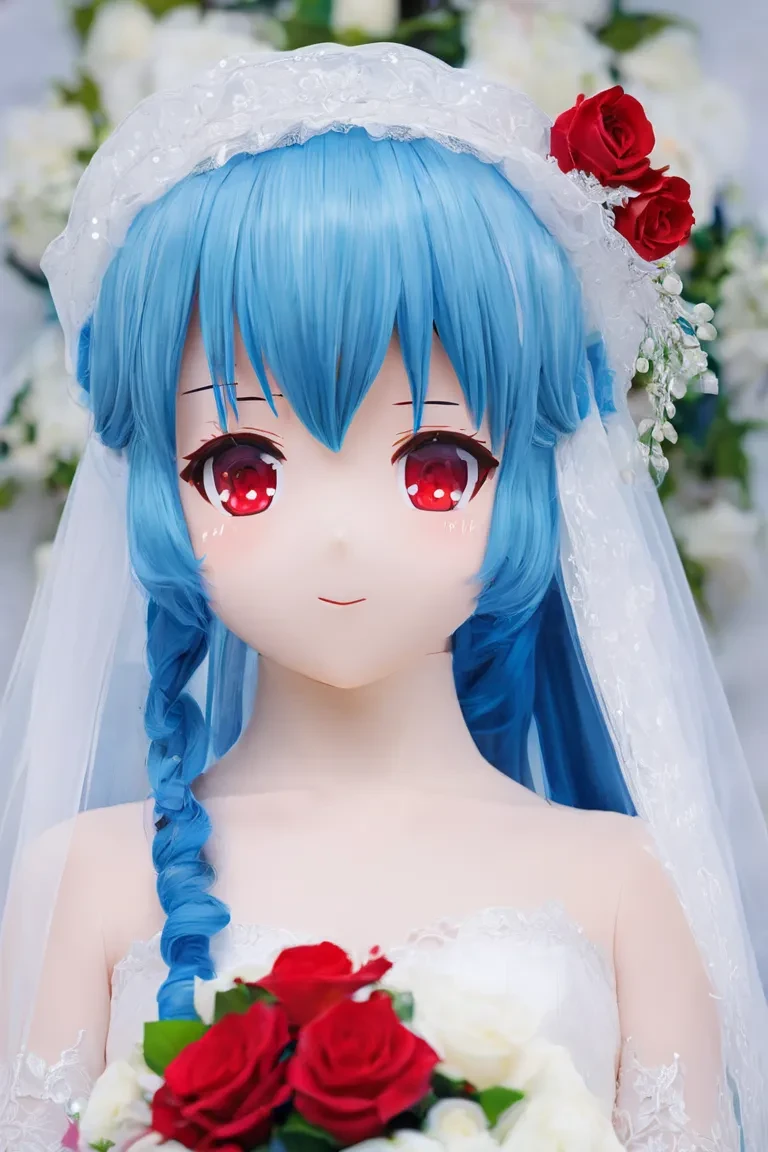 animegao cute girl, wedding dress, red eyes, blue hair <lora:agkr-sdxl-v1-000004:1>