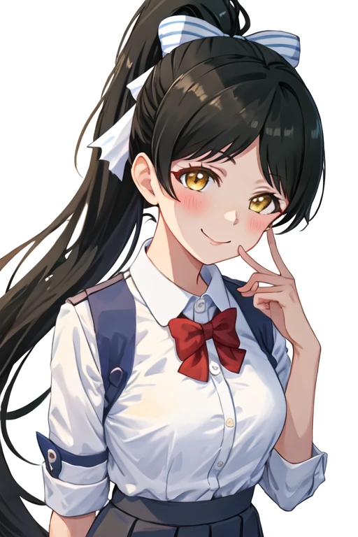 best quality, masterpiece, highres, solo, {hazuki_ren_lovelivesuperstar:1.15}, long_hair, bangs, yellow_eyes, black_hair, ponytail, high_ponytail, smile, blush, shiny_hair, birthday, ribbon, bow, breasts, hair_bow, 1girl, bowtie, collared_shirt, looking_at_viewer, red_bow, red_bowtie, school_uniform, shirt, white_shirt, closed_mouth, simple_background, upper_body, white_background