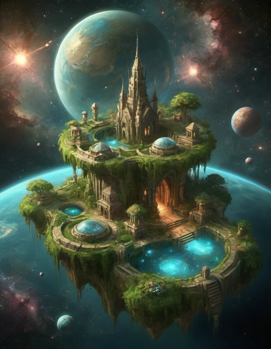 an island cosmic floating oasis medieval style architecture and lush hanging gardens on a sci-fi space structure with galaxy nebula background 3d render isometric view