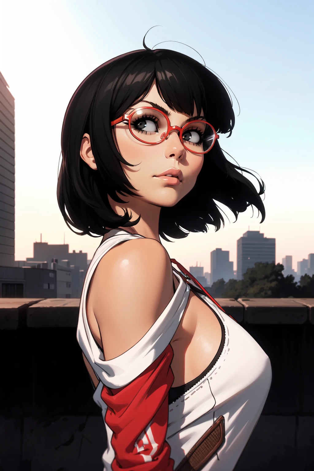 1girls, (upper body:1.3), (looking at viewer:1.2)
(thick rim glasses:1.3), stylish hair, medium hair, swept bangs, black hair, jacket, stylish
BREAK <lora:Ilya Kuvshinov [MockAi - v1.0]:0.95> ilyakuvshinov, (painterly style), (cinematic composition:1.4), expert shading, semi-realistic, (overexposed background:1.2), backlight, white background, simple background, city backdrop, lens flare
BREAK intricate details, (masterpiece:1.3), (best quality:1.3), (perfect anatomy:1.4) BREAK