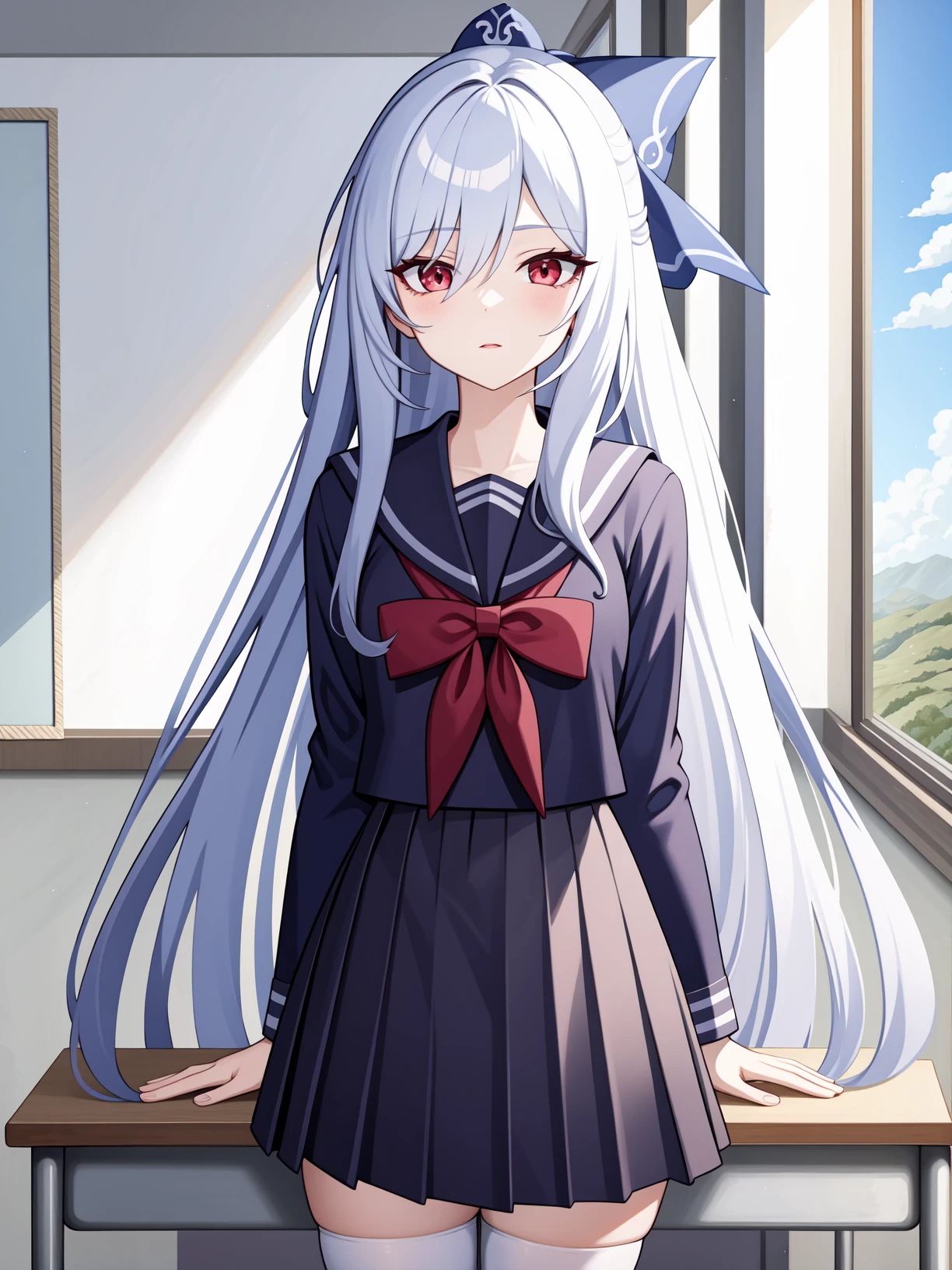 <lora:jingliu-000012:0.75>,jingliu,1girl,solo,long hair,red eyes,bangs,white hair,very long hair,school uniform,classroom,jk,serafuku,white silk stockings,white tights,hair bow,, 1girl,
,  (masterpiece,best quality:1.2),absurdres