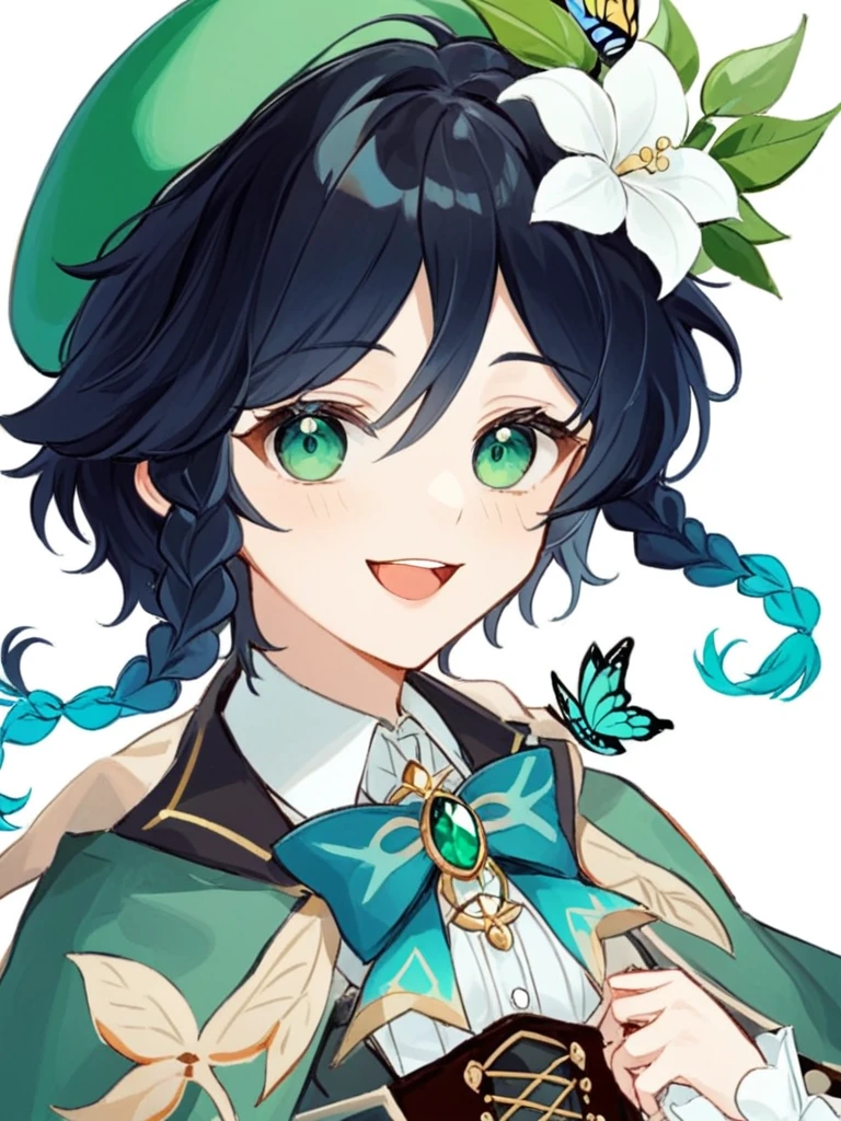 <lora:æ¸©è¿ª:1>ï¼male_focus, 1boy, solo, venti_\(genshin_impact\), hat, smile, braid, beret, green_headwear, multicolored_hair, gradient_hair, twin_braids, long_sleeves, flower, black_hair, green_eyes, looking_at_viewer, blue_hair, cape, simple_background, white_background, bangs, open_mouth, bow, leaf, frilled_sleeves, jewelry, brooch, collared_cape, white_flower, butterfly, bug, frills, shirt, hat_flower, gem, short_hair_with_long_locks, corset, androgynous, collared_shirt, white_shirt, hair_ornament