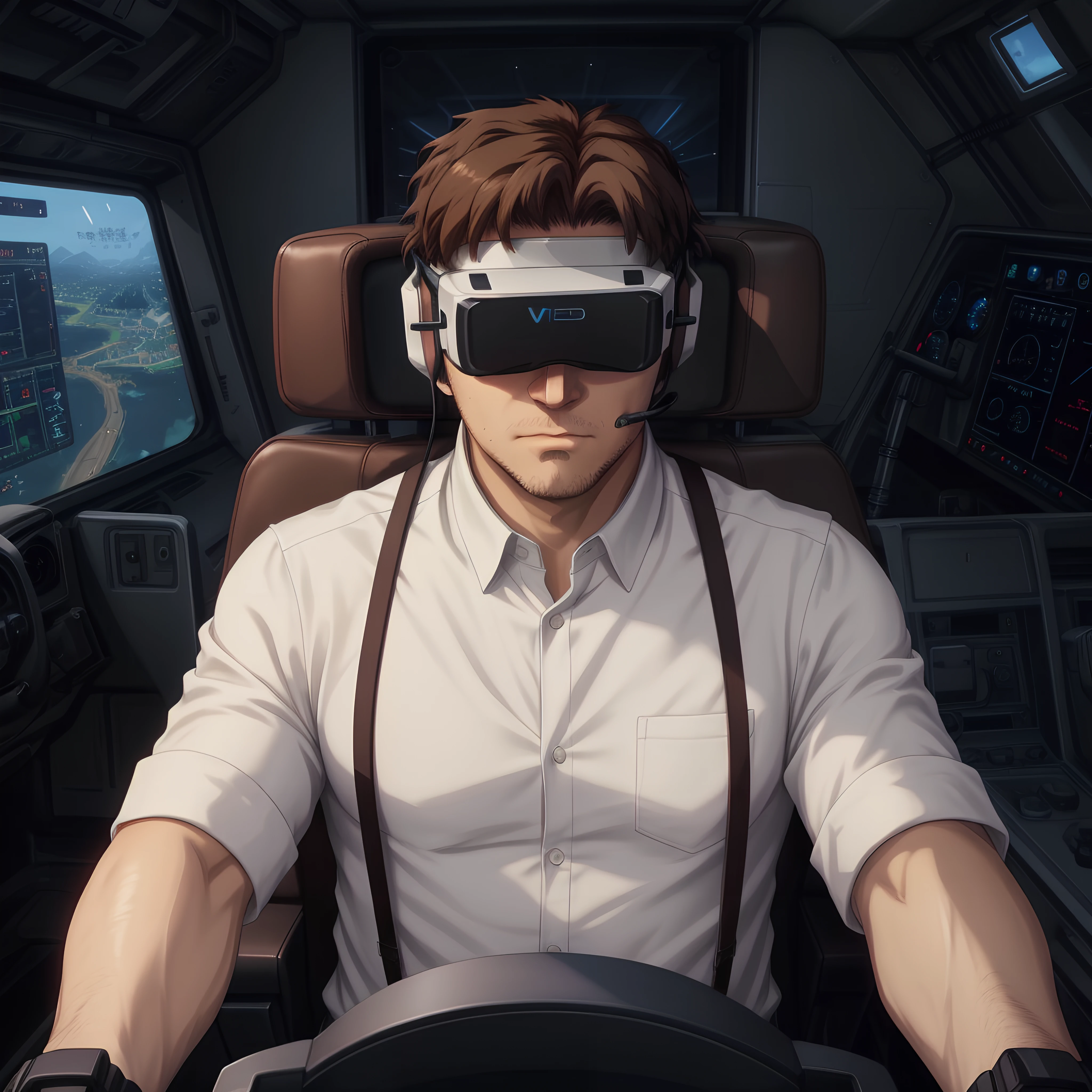 anime, cinematic, <lora:more_details:0.5>, <lora:gundam personnel:0.4>, middle aged man, short brown hair, stubble, engineer, white shirt, rolled up sleeves, wearing vr headset, cockpit view