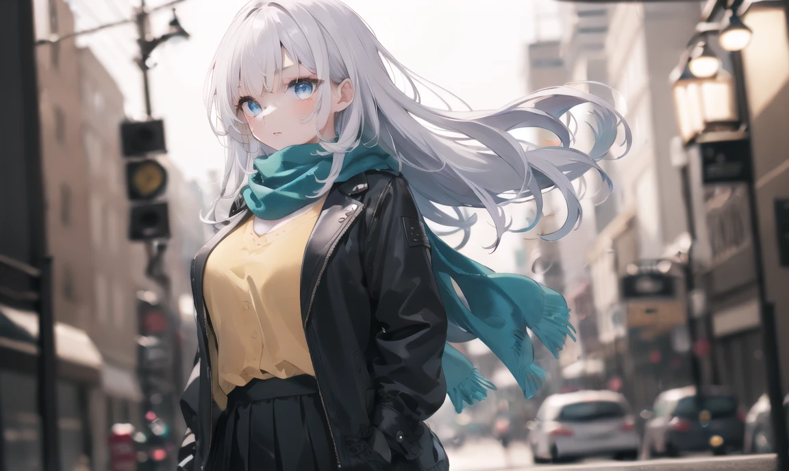 finely detail, Depth of field,best quality, illustration,highres,intricate detail, an extremely delicate and beautiful,
1girl, long hair, shirt, yellow shirt, (namess koishi:0.4), disheveled hair, breasts black jacket, black sleeves,white hair, green scarf, blue eyes, ,skirt,
city, <lora:20240107-1704597280257-0013:0.5>