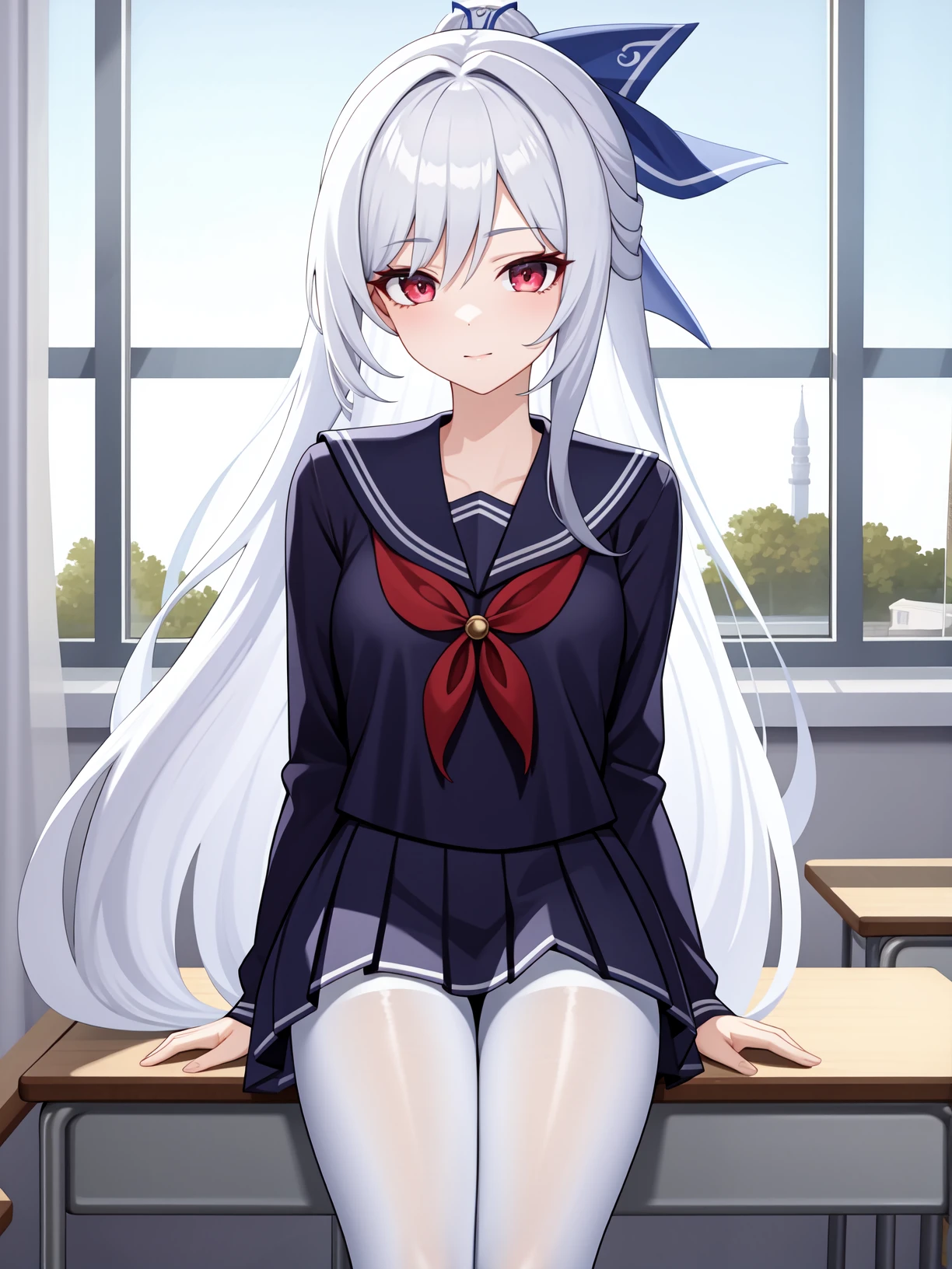 <lora:jingliu-000010:0.75>,jingliu,1girl,solo,long hair,red eyes,bangs,white hair,very long hair,school uniform,classroom,jk,serafuku,white silk stockings,white tights,hair bow,, 1girl,
,  (masterpiece,best quality:1.2),absurdres