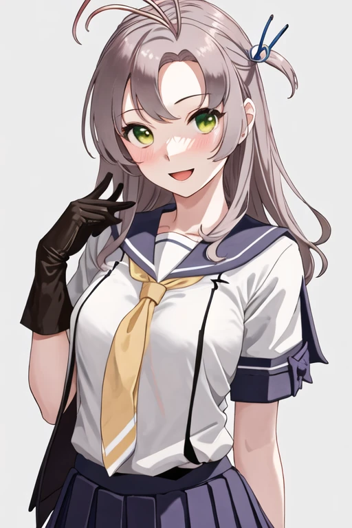 best quality, masterpiece, highres, solo, {kinugasa_kantaicollection:1.15}, green_eyes, grey_hair, antenna_hair, long_hair, breasts, smile, hair_tie, 1girl, blush, looking_at_viewer, necktie, one_side_up, open_mouth, pink_hair, school_uniform, serafuku, simple_background, yellow_necktie, blue_skirt, short_sleeves, skirt, gloves, pleated_skirt, white_background