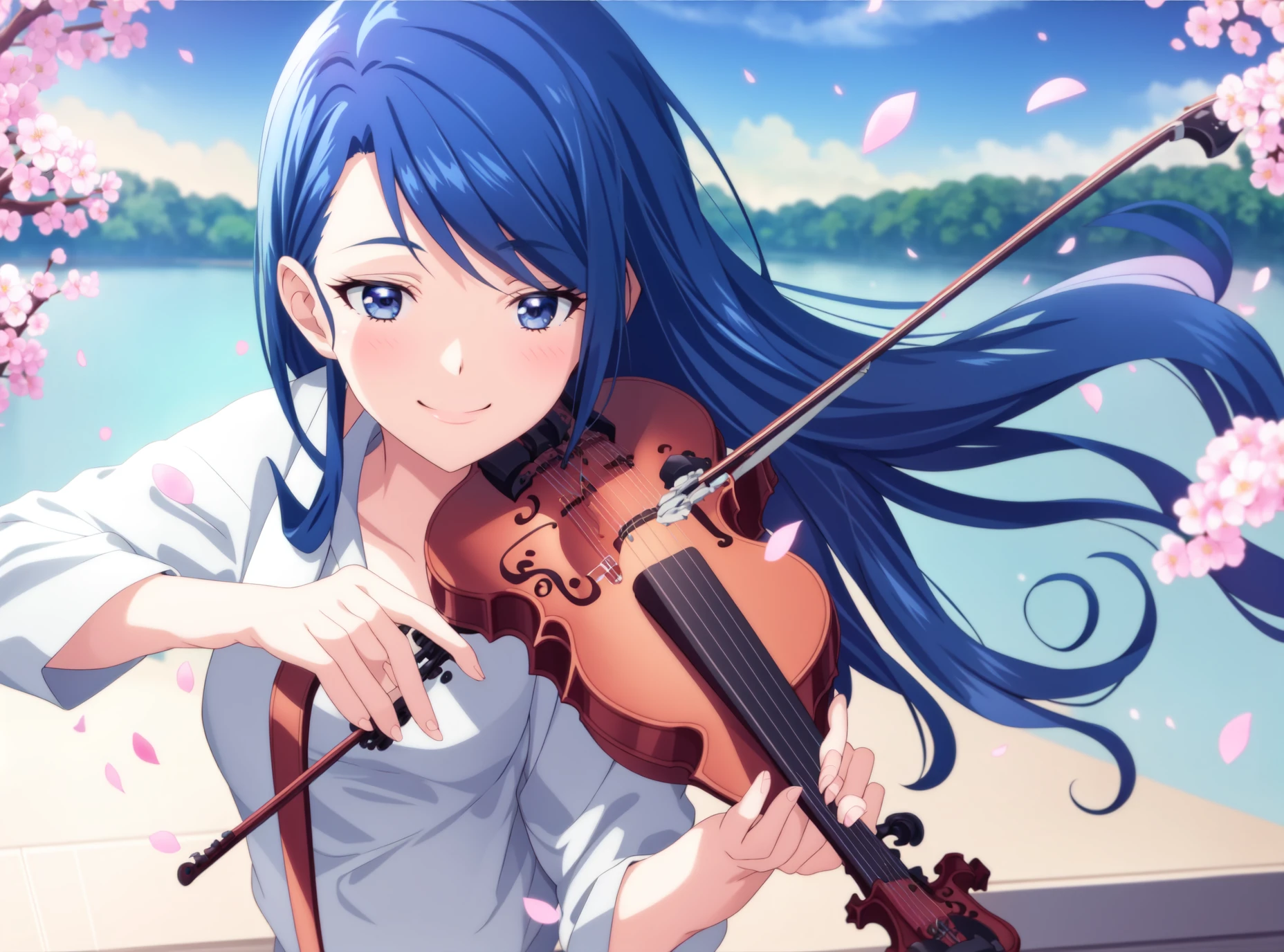 minazukikaren, doctor, 1girl, instrument, violin, solo, bow \(music\), music, playing instrument, cherry blossoms, petals, sky, eyelashes, smile, cloud