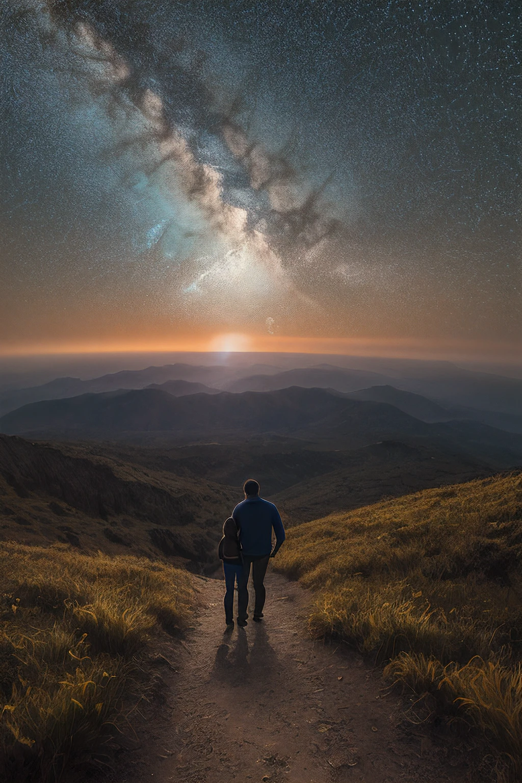 a RAW photograph of the silhouette of a (father hiking his young son:1.2), standing at (the top of a hill:1.1),staring at a (5un5p0t sun:0.9)(rising high in the sky above),with sunspots and solar flares,in a starry sky, dark at night,HDR,(wide angle shot:1.2),sharp focus,(highly detailed),(8k wallpaper),intricately detailed,highres,absurdres,hyper realistic,8K UHD DSLR,IMAX,extremely intricate,4k textures,cinematic look),hyperdetailed,<lora:C0r0n4_06B-000002:0.9>,