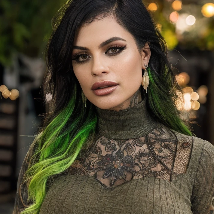 (masterpiece:1.2), (best quality,:1.2), 8k, HDR, ultra detailed, ((photorealistic)), professional light, cinematic lighting, fashion photography, ambient lighting, face lighting, XWife, <lora:XWife-10:1>, earrings, choker, dark makeup, long and wild and messy green hair, ((portrait shot)), dynamic pose, <lora:detail_slider_v4:2>, OverallDetail, fhanddetail:1.4, ffacedetail:1.4, skindetail, hairdetail, looking at viewer, epiCPhoto, turtleneck pullover, neck tattoo
