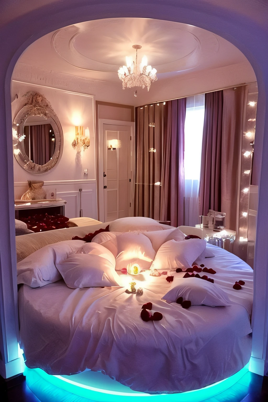 <lora:JJsLoveHotel:.7>,((Love Hotel)) ,  ,realistic, best quality, masterpiece , ((soft lighting)), heart, no humans, silk, bedroom, reflection,night, mirror, pillow, no humans, window, bed, table, curtains, ((a romantic scene with a round bed covered with rose petals))
RAW photo, (high detailed),  dslr,  high quality, (ultra realistic), Fujifilm XT3,clubhouse, purple,  ceiling light, <lora:add_detail:0.5>