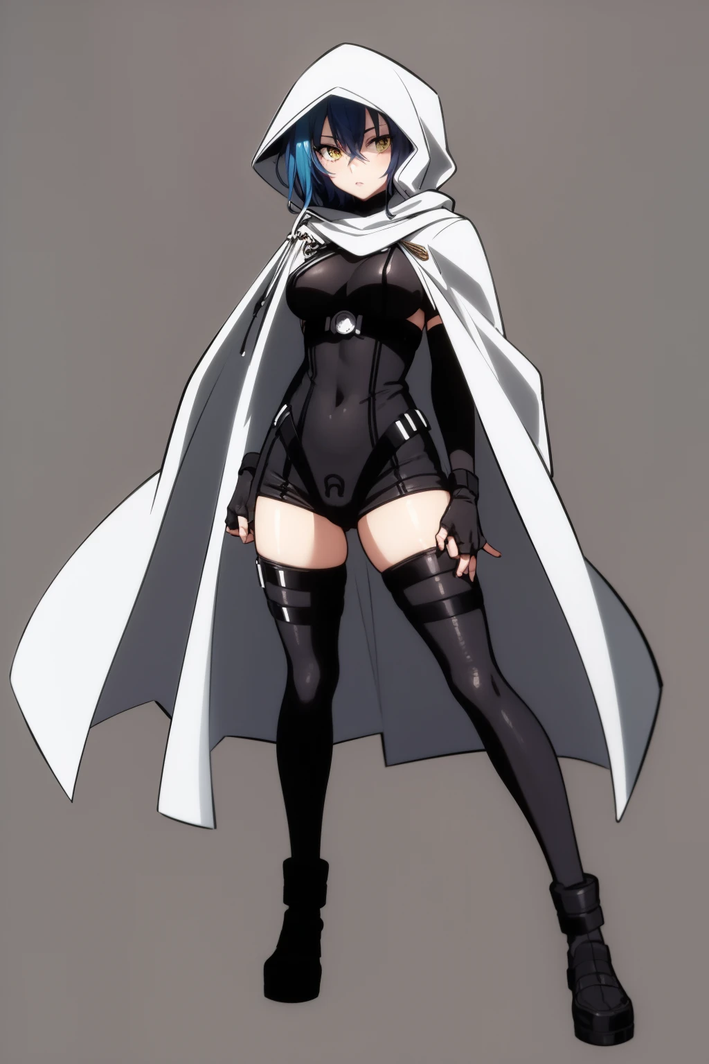 masterpiece, best quality, 1girl, xenovia, blue hair, streaked hair, hair between eyes, short hair, yellow eyes, cape, hood, hood up, leotard, fingerless gloves, thighhighs, looking at viewer, solo, standing, full body, simple background <lora:Xenovia:1>