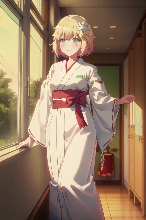 best quality, masterpiece, highres, solo, {white kimono:1.35}, {red hakama:1.35}, {wide sleeves:1.20}, {tapris_sugarbell_chisaki_gabrieldropout:1.15}, blonde_hair, hair_ornament, hair_flower, flower, green_eyes, short_hair, blush