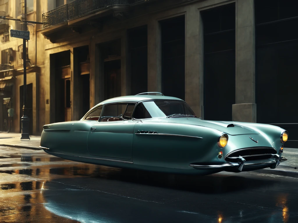 hovering cars, <lora:Hovering_Car_SDXL_v1:1>Hovering_Car, 1957, city streets, no wheels,, (1957s automobile) retro cyberpunk style, clean lines, sharp edges, streamline, (futuristic concept car:1.2), detailed, vintage style, hyper realistic, 16k, cinematic lighting, wide shot, f/3.6, gotham city background, gloomy, haze, perfect composition, beautiful detailed intricate insanely detailed octane render trending on artstation, 8 k artistic photography, photorealistic concept art, soft natural volumetric cinematic perfect light, chiaroscuro, award - winning photograph, masterpiece, oil on canvas, raphael, caravaggio, greg rutkowski, beeple, beksinski, giger