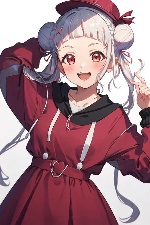 best quality, masterpiece, highres, solo, {arashi_chisato_lovelivesuperstar:1.15}, bangs, white_hair, hair_bun, double_bun, red_eyes, smile, blush, twintails, long_hair, blunt_bangs, open_mouth, 1girl, hat, looking_at_viewer, upper_body, dress