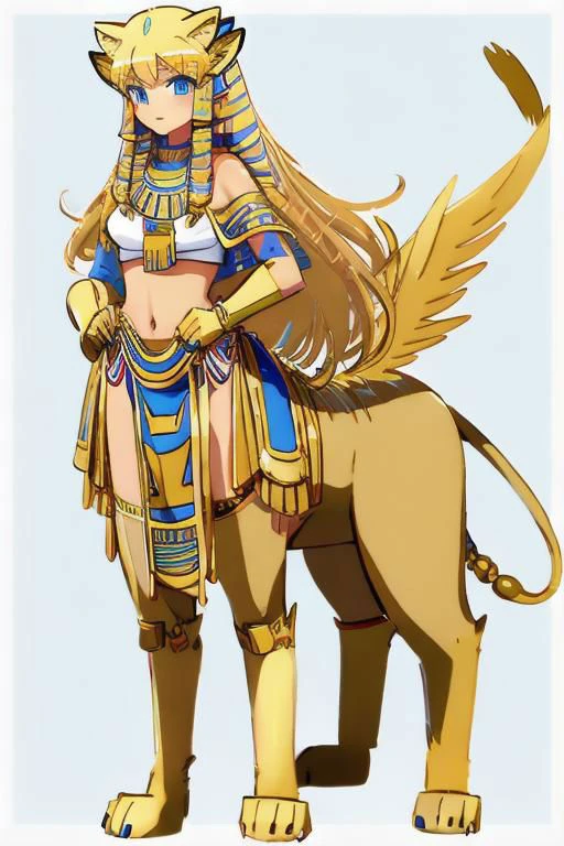 (masterpiece, best quality), dynamic angle, long blonde hair, nemes, blue eyes, 1girl, Sphinx, 4 legged, centaur, lion, tail, paws, egypt, wings, egyptian background, pyramids, anime, full body