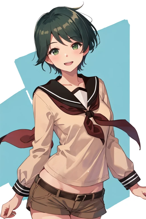 best quality, masterpiece, highres, solo, {mogami_kantaicollection:1.15}, short_hair, black_hair, bangs, serafuku, green_eyes, smile, swept_bangs, open_mouth, 1girl, brown_sailor_collar, looking_at_viewer, neckerchief, sailor_collar, school_uniform, shirt, simple_background, black_neckerchief, brown_shorts, cowboy_shot, long_sleeves, one-hour_drawing_challenge, shorts, twitter_username, white_background, brown_shirt, upper_body