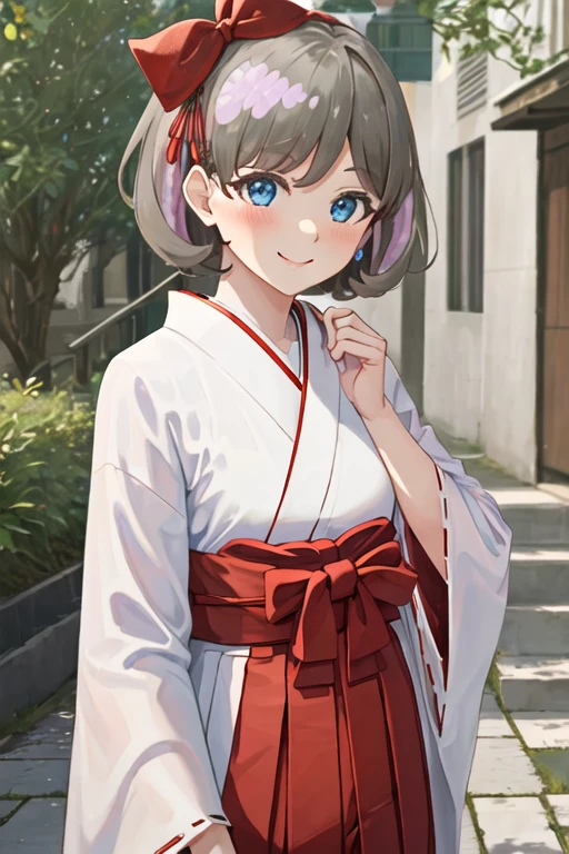 best quality, masterpiece, highres, solo, {white kimono:1.35}, {red hakama:1.35}, {wide sleeves:1.20}, {tang_keke_lovelivesuperstar:1.15}, short_hair, bangs, blue_eyes, grey_hair, smile, blush, ribbon, neck_ribbon, red_ribbon