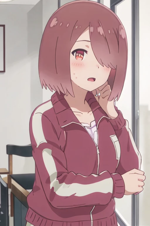 best quality, masterpiece, highres, solo, {miyako_hoshino_watashinitenshigamaiorita:1.15}, brown_hair, short_hair, blush, hair_over_one_eye, red_eyes, bangs, closed_mouth, 1girl, collarbone, jacket, looking_at_viewer, open_mouth, track_jacket, track_suit, red_jacket, white_shirt, indoors, upper_body