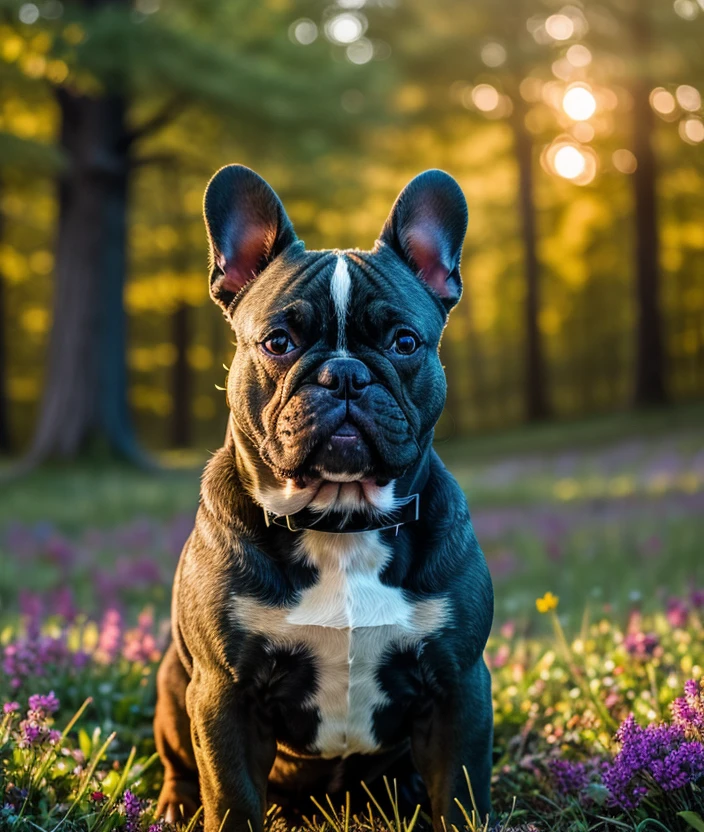 fr3nb7, Enchanted forest, spectacular light, upper body, Leaves, sunset, foglie, Colorful flowers, close portrait photo, Twilight, firelies, Green meadow, Ultra-HD-details, 200mm f/1.4