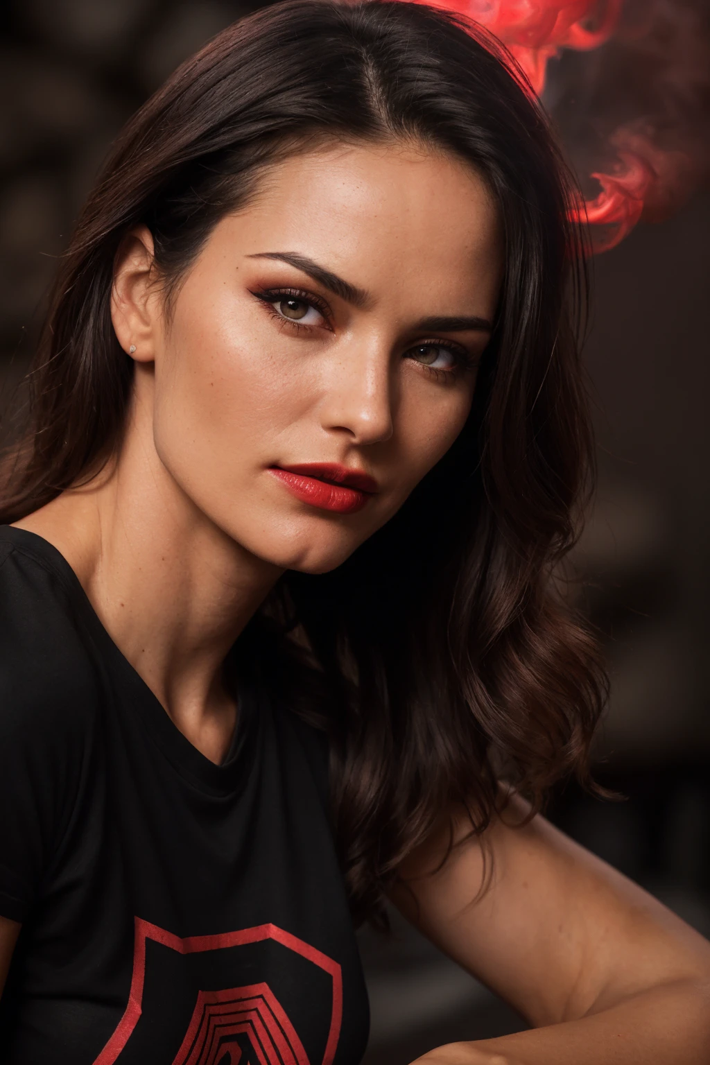 (EXTREME CLOSE-UP SHOT:1.6) T24Yo Tower-of-Doom-Carol (Red eyeshadow, Black eyeliner, red lipstick:1.2) ((Photo Focus, DOF, Aperture, insanely detailed and intricate, character, hypermaximalist, elegant, ornate, beautiful, exotic, revealing, appealing, attractive, amative, hyper realistic, super detailed, heresy flares))(volumetric Red smoke:1.3) (Rock stage in the background:1.4) (FROWNING at viewer:1.3) (Black T-Shirt:1.5)