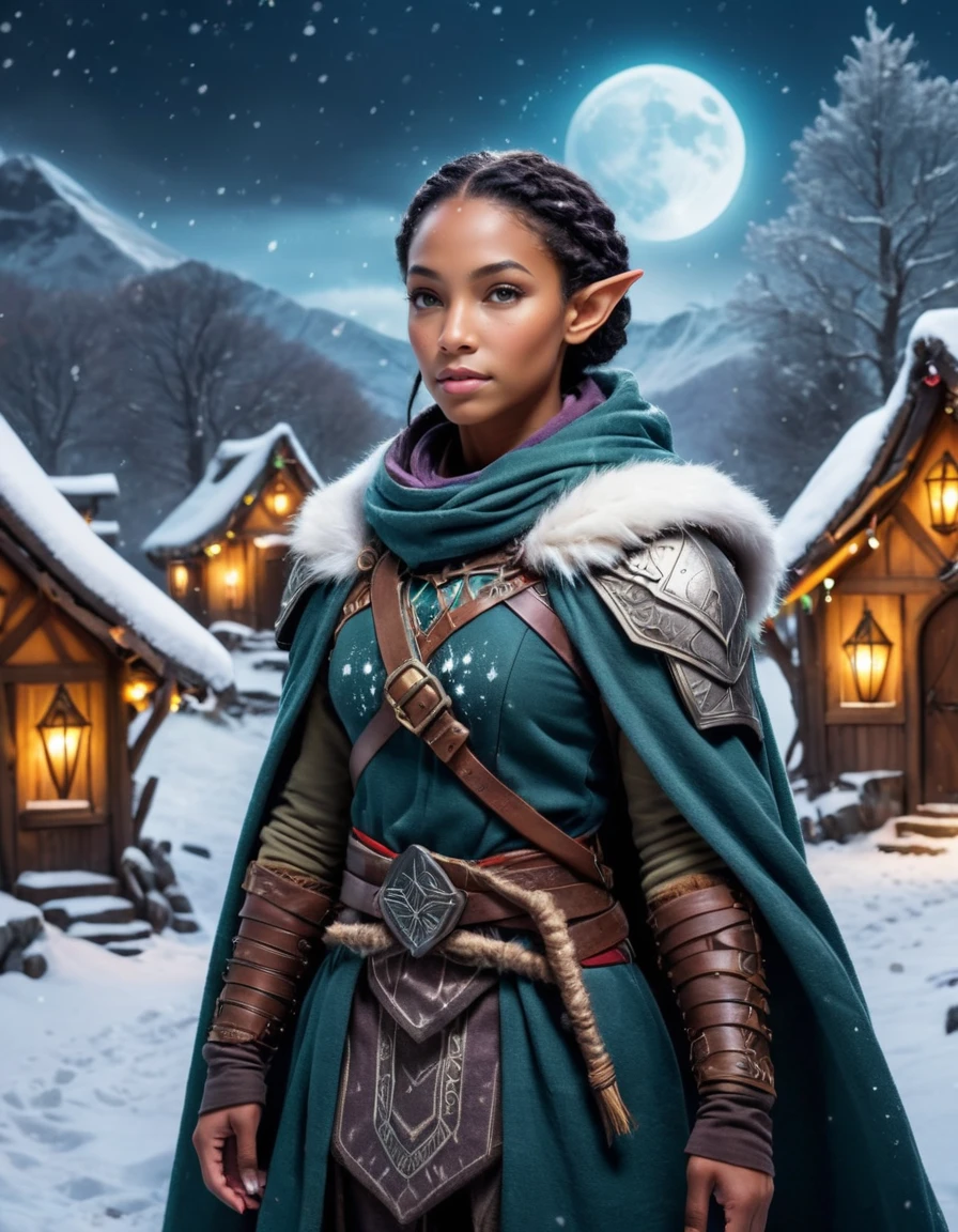 (very close shot, zoomed in face portrait:1.3) photo of a (fae fantasy style:1.5) pondering, (closed mouth:1.5) aroused beautiful bodybuilder young 28 year old (Botswana:1.5) (elf:1.5) woman with (dark skin:1.1), short natural black hair, (medium breasts:1.3), big ass, (perfect hands:1.3).
She is wearing (ranger armor:1.1).
She is stepping facing left, in a (magical enchanted fantasy:1.3) elven village with boxes and lights. midnight, (winter, snowing, snow on ground:1.1).
detailed skin texture, detailed cloth texture, detailed face, (intricate sharp details:1.5), ultra high res