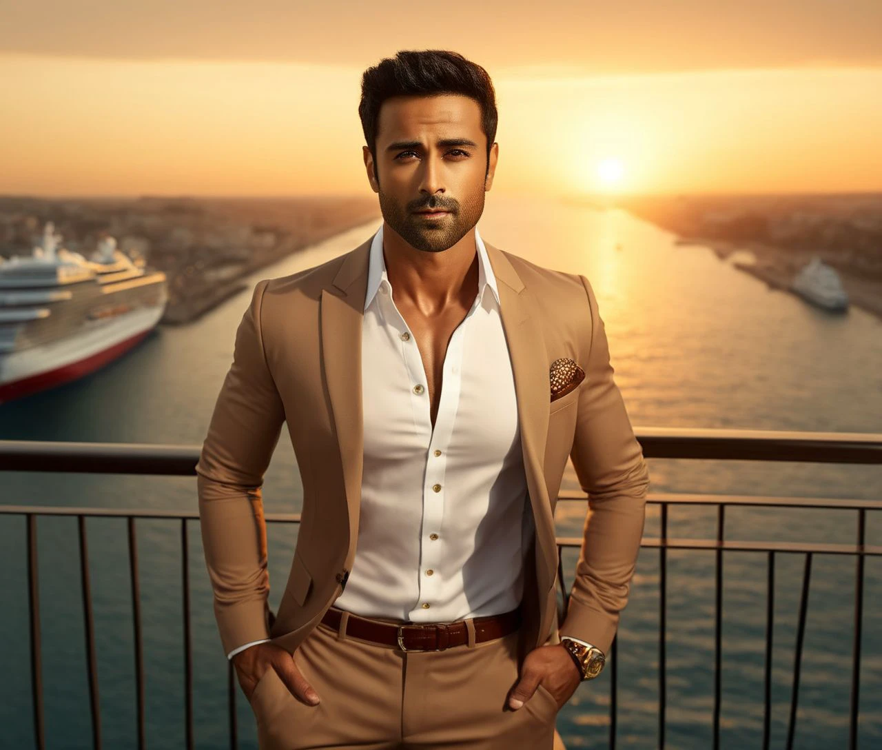 Nautical-themed (Photo:1.3) of (Ultrarealistic:1.3) <lora:Man_Men_FFashion:1> Zachary-Levi a man <lora:pulkit-Zachary-Levi:1> in a tan suit standing on a balcony, sun behind him, inspired by Pablo Munoz Gomez, shot at golden hour, editorial photograph, midshot of a hunky, by Roman Bezpalkiv, by Artur Tarnowski, maxim sukharev, by Gabor Szikszai,Highly Detailed,(Mono Color:1.3) . Sea, ocean, ships, maritime, beach, marine life, highly detailed