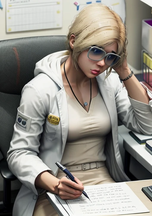 Tracy De Santa the scientist, ((a woman writes very smart calculations on paper with a pen)), (((sitting at his desk))), office in a modern style, <lora:Tracey_De_Santa-10:1.1>, (side view at the table, hands on the table), (the costume of a laboratory researcher, white coat), fit, young 21 old years actress, medium breast, blonde hair, high quality, Nikon 50mm f/1.8, cinematic grease, blur