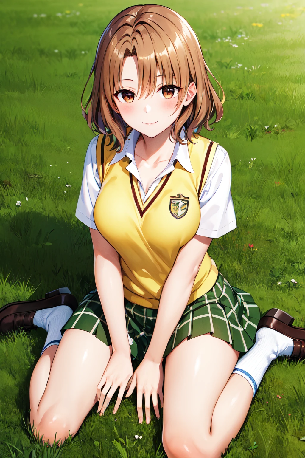 masterpiece, best quality, highres, 1girl, solo, short hair, brown hair, brown eyes, breasts, collarbone, school uniform, collared shirt, white shirt, sweater vest, (yellow vest:1.1), short sleeves, plaid skirt, green skirt, <lora:momioka_risa_v1:0.7>, wariza, on floor, grass, socks, loafers,