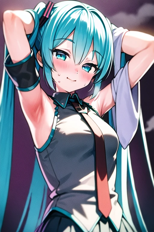 best quality, masterpiece, ultra high res, upper body, hatsune miku, aqua hair, twintails, very long hair, aqua eyes, medium breasts, grey shirt, detached sleeves, black skirt, arm behind head, armpits, smile, blush, closed mouth, looking at viewer, sweat, steam <lora:kanzarin:1>