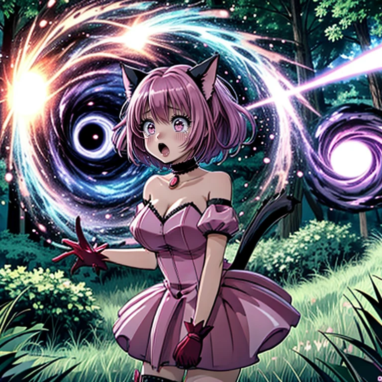 ((top quality, 8k wallpaper)),(masterpiece, best quality),extremely detailed,high definition,(official art:1.3),(((anime screencap,black outline))),<lora:more_details:0.3>,<lora:LCM_LoRA_Weights_SD15:1>,1girl,solo,scared,panicking,constricted pupils,screaming,raised eyebrows,wide-eyed,crying,tears,
<lora:momomiya_ichigo_v2:0.75>,mi1,pink choker,cat girl,short hair,cat ear,pink hair,choker,large breasts,magical girl,cleavage,detached sleeves,dress,gloves,pink dress,puffy detached sleeves,puffy sleeves,red gloves,ribbon,tail,tail bell,tail bow,tail ornament,bow,cat tail,
BREAK
<lora:wormHole:0.4>,forest,grass,tree,river,surprised,standing,(glowing spiral hole),(((absorbHole))),