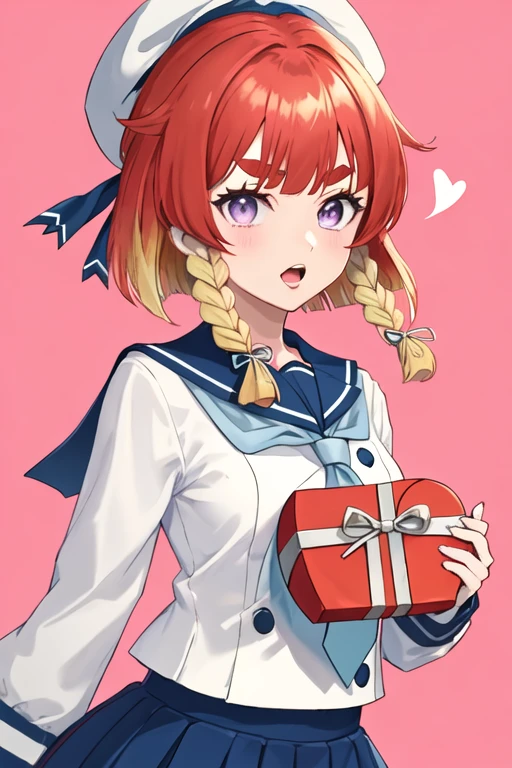 best quality, masterpiece, highres, solo, {etorofu_kantaicollection:1.15}, red_hair, braid, twin_braids, bob_cut, purple_eyes, thick_eyebrows, hat, short_hair, gradient_hair, white_headwear, multicolored_hair, sailor_hat, side_braid, serafuku, blonde_hair, ribbon, open_mouth, 1girl, box, employee_uniform, gift, gift_box, looking_at_viewer, shirt, striped, striped_shirt, uniform, heart_background, upper_body